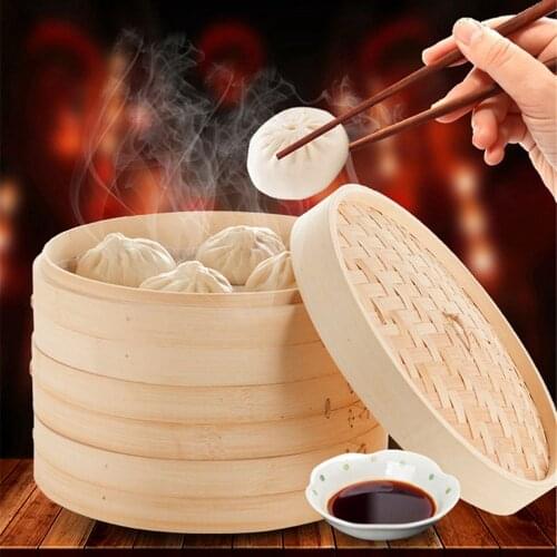 Chinese Dumplings Bamboo Steamer Cooker 10/15/20cm with Lid Dimsum Kitchen Utensils Accessories Cooking Steamer