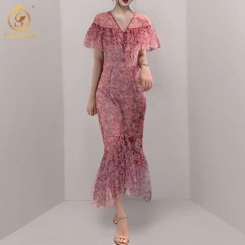SMTHMA French Short Sleeve Trumpet Mermaid Dress Women Sexy V-Neck Summer Print Party Dress 2021 New Arrival One-Piece Clothing