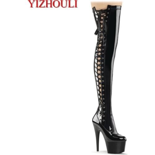 17cm to thigh super boots, side shoelace boots, sexy model nightclub pole dancing show high heels dancing shoes