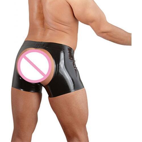 XXL Boxershorts Men Black Wetlook Vinyl Leather Lingerie Boxer Homme Erotic Open Hip Crotchless Shiny Sheath Male Gay Underwear