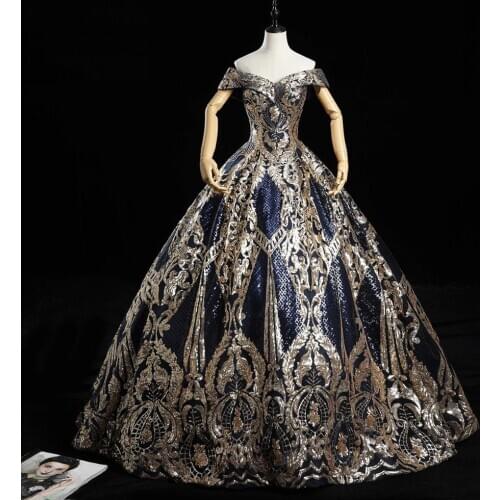 Vintage Sequins Off Shoulder Ball Gowns Quinceanera Dresses Long V-Neck Muslim Promkleider Party Dresses for Women