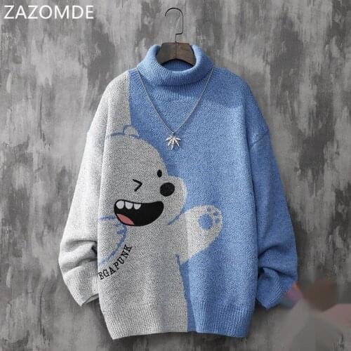 ZAZOMDE High Collar Knitting Sweater Cartoon Bear Sweater Harajuku Fashion Men Sweater Hip Hop Autumn Casual Knitted Pullover