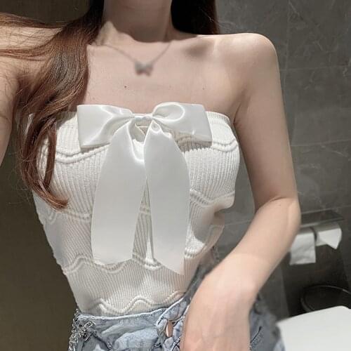 Summer Bowknot Ruffles Slash Neck Knitted Cropped Sleeveless T-shirts Women Tube Tops Strapless Camis Crop Tops For Girls