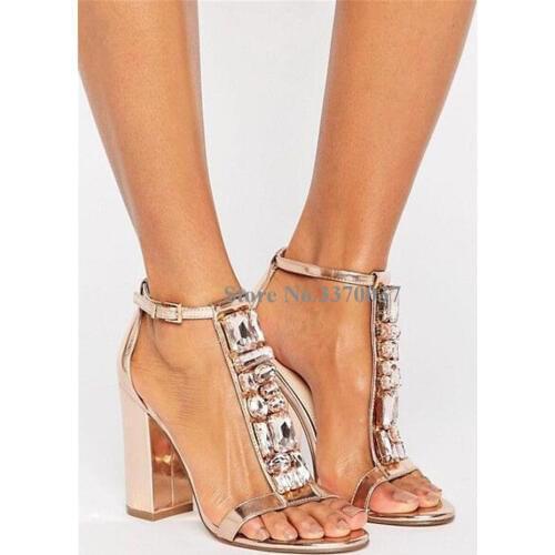 Women Fashion Open Toe T-strappy Rhinestone Chunky Heel Sandals Gold High Heel Sandals Formal Dress Shoes Free Shipping