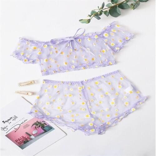 Honeymoon Perspective Suit Women Sexy Lingerie Set Sweet Little Daisy Print Suit Female Exotic Lace Crop Top Shorts Set Pajamas