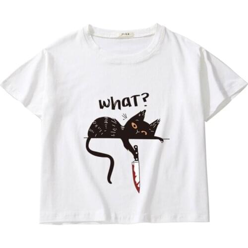 Lazy Cat Printing Women Summer Crop Tees Breathable Cotton Top Kids Short Sleeve Casual Short Tops Girl O-Neck T-Shirt