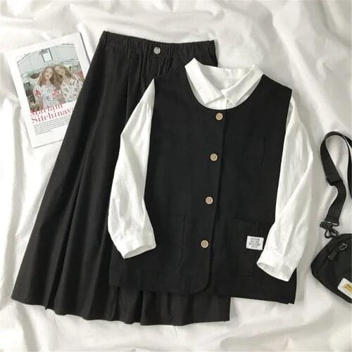 Women Autumn Korean 2pcs Set Single Breasted Black Vest Jacket+Temperament White Wild Shirt+High Waist Cargo Long Skirt Suit
