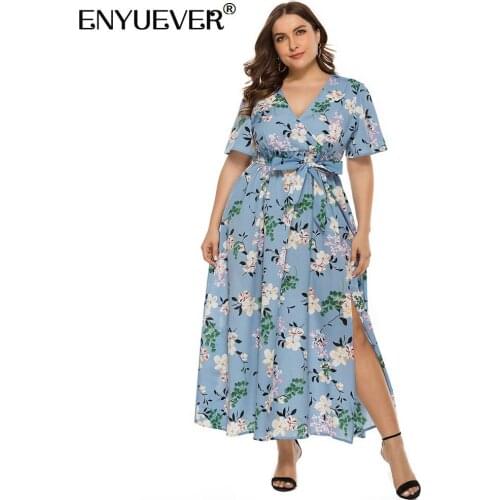 Enyuever Plus Size Summer Dresses Women Beach Boho Clothing V Neck Short Sleeve Floral Print Slit Side Long Maxi Bohemian Dress