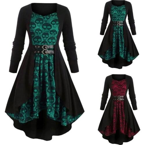 Gothic Clothes Long Sleeve Vintage Dress Women Plus-Size 5XL Solid Color Skull Print Halloween Dresses Lace Splicing Retro Gown