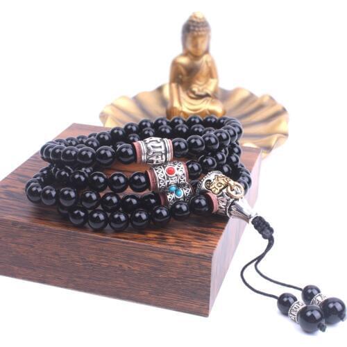 108 Black Onyx Mala Tibetan Buddhism Metal Beads Long Necklace For Women Yoga Meditation Rosary Jewelry