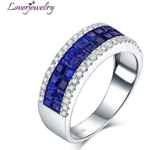 2020 Rings For Man Fantastic Blue Princess Sapphire Diamond Ring Real 14K White Gold Luxury Design Fine Jewelry Couple Wife Ring