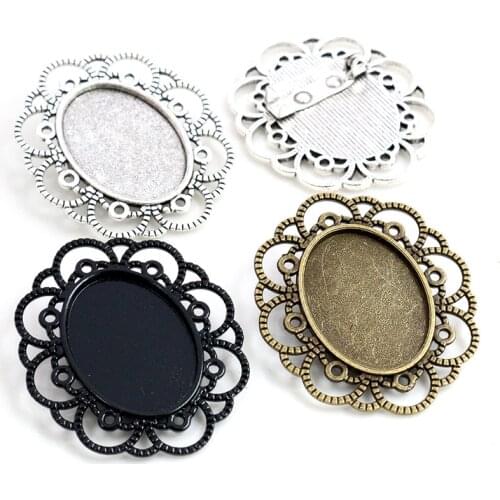 5pcs 18x25mm Inner Size Antique Silver Plated Black Bronze Brooch Pin Flower Cameo Cabochon Base Setting