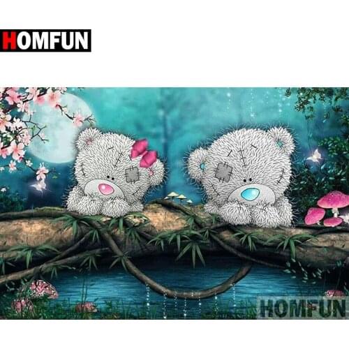 HOMFUN 5D Diamond Pattern Rhinestone Needlework Diy Diamond Painting Cross Stitch "Bear Couple scenery"Diamond Embroidery A27562