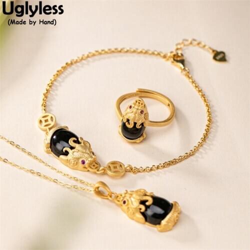 Uglyless China Mythology Animals Brave Troops Bracelets Rings Necklaces NO Chains for Women Natural Jade Jewelry Sets 925 Silver