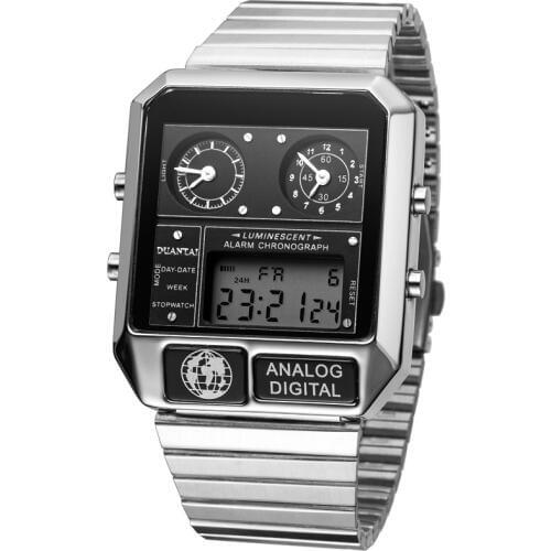 DUANTAI Mens Luxury Fashion Full Steel Square Watch Dual Synchronous&10-Bit LED Digital Watch Men Sport Watch часы мужские