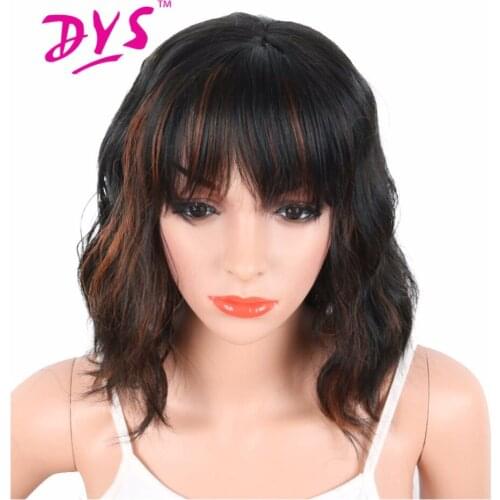 Deyngs Black Mix Brown Color Synthetic Wigs With Bangs For Black White Women Short Wavy Womens Hair Wigs Natural Heat Resistant