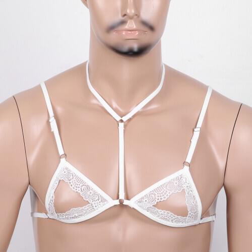 Men Sissy Sheer Lace Bras Lingerie Halter Neck Adjustable Spaghetti Straps Open Nipples Exotic Wire-free Unlined Mini Bra Tops