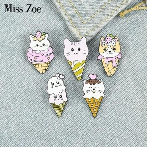 Ice Cream Enamel Pin Custom Cat Dog Kitten Puppy Cone Kawaii Brooches Bag Lapel Pin Animal Badge Cute Jewelry Gift for Friends