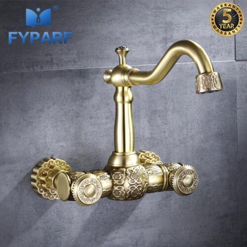 FYPARF Bathroom Wall Water Mixer Faucet Sink Faucet Mixer Tap Brass Taps Golden Vintage Sinks Bathroom Tap Hot and Cold Faucets