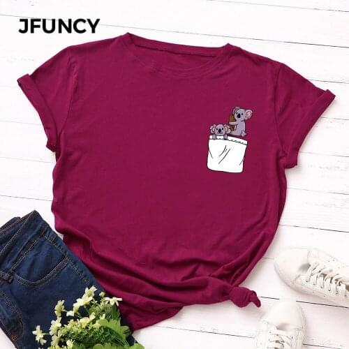 JFUNCY Plus Size S-5XL Women T-shirts Female Short Sleeve Tee Tops Pocket Print Woman Casual Tshirt 2020 Summer Cotton T Shirt