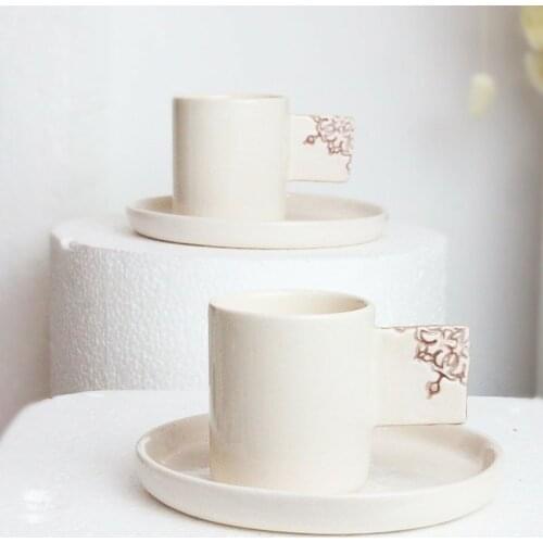 Handmade Design Wonders Figured Ceramic Set of 2 Espresso Cups Turkish Coffee Cup and Saucer Tea Mug Water Glass Cappuccino