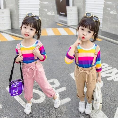 Autumn Fashion Baby Girl Rompers Children Candy Colors Rainbow T Shirt Strap Pants Clothing Sets Kids Toddler Cotton Tracksuits
