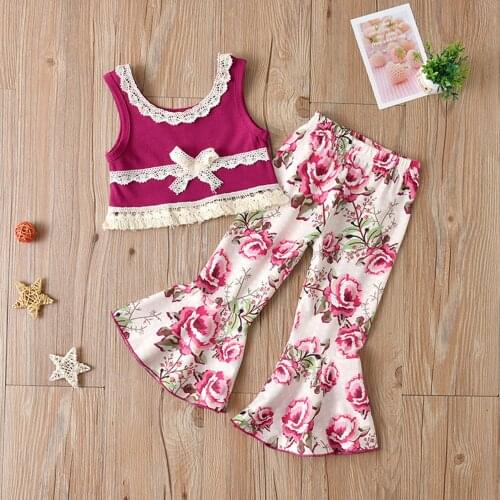 Baby Girls Clothes Set Lace-joint Sleeveless O-neck Cropped Tops + Floral/Leopard Print Flared Trousers