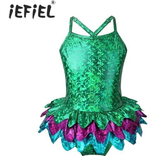 Kid Girls Figure Ice Skating Leotard Gymnastics Coatume Spaghetti Shoulder Straps Metallic Holographic Mermaid Swimsuit Swimwear
