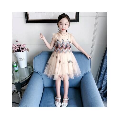 Summer cute girl baby new princess dress girl princess stitching mesh yarn ethnic style lace A-line dress