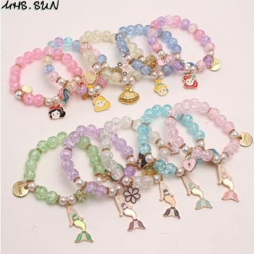 MHS.SUN 1PC Charm Kids Girls Glass Beaded Elastic Bracelet DIY Jewelry Mermaid/Princess/Shell Pendant Bangles For Children Party