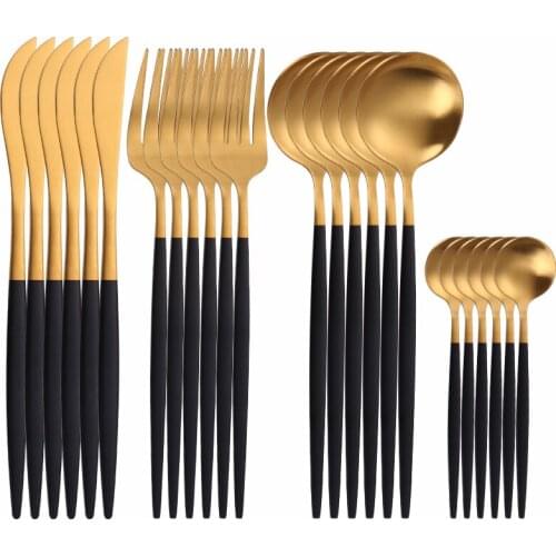 24Pcs Matte Black Gold Stainless Steel Cutlery Set Thin Tableware Dinnerware Dinner Travel Flatware Set Forks Knives Spoons Set