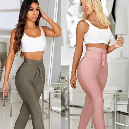 Wholesale Women Fashion Sexy Black Gray Pink Bodycon Bandage Pants 2021 Chic Designer High Quality Elastic Pencil Trousers