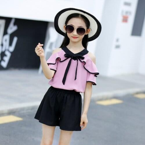 5-12 Years Children Girls Clothes Set Pink V-Neck T-Shirt + Short Pants Summer Fashion Chiffon Outfit Kids Girls Clothes Suit