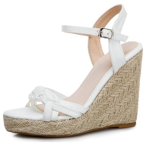Straw Weave Women’s Wedges Heels Gladiator Sandals Ankle Strap Peep Toe Pumps Female Beach Platform Leisure Shoes Large Size