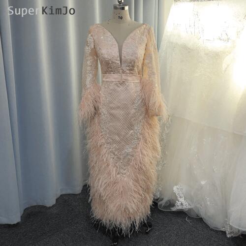 SuperKimJo Feather Evening Dresses 2020 Long Sleeve Tea Length Peach Lace Applique Crystal Evening Gown Robe De Soiree
