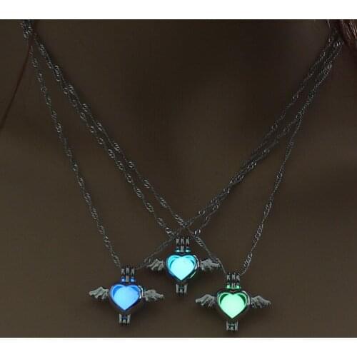 Vintage Glow in the Dark Jewelry with Silver Plated Heart and Angel Shaped Luminous Stone Long Pendant Necklace for Women Gift