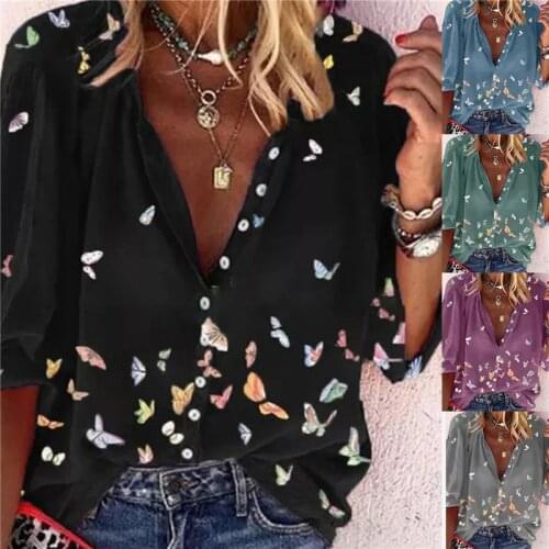 2021 Summer Tops Women Tops Shirts Ladies Casual V-Neck Long Sleeve Female Top Butterfly Print Buttoned Shirt For Women