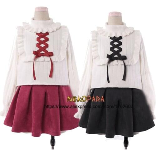 2017 Spring Cute Womens 2PCS Sweater + Skirt Set Ribbon Short White Sweater & Punk Belt Mini Skirt Lolita Warm