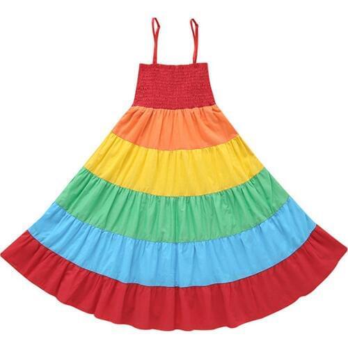 Rainbow Color Stripe Kids Girls Princess Sleeveless Summer Casual Sling Dress