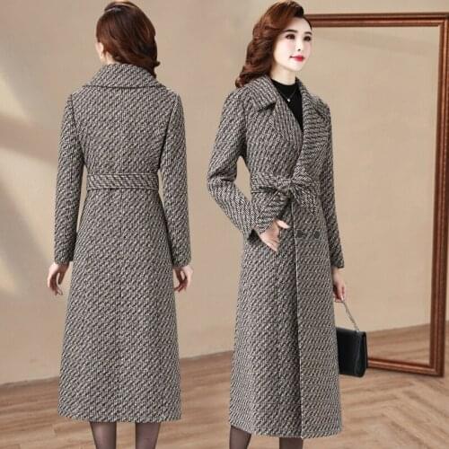 Winter Women Woolen Coat 2021 New Belt Long Thick Cashmere Wool Outerwear Female Slim Vintage Houndstooth Wool Coat Oversize 6XL