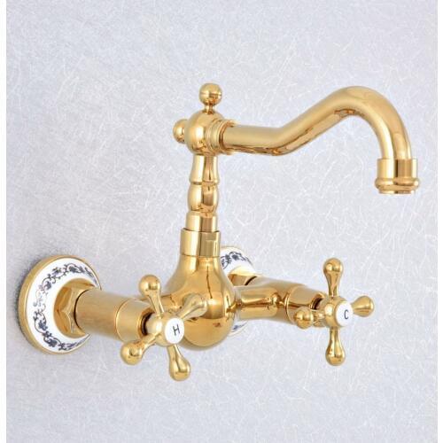 Gold Polished Double Handle Swivel Spout Kitchen Mixer Faucets Solid Brass Basin Mixer Faucet with Ceramic Crane Ksf619