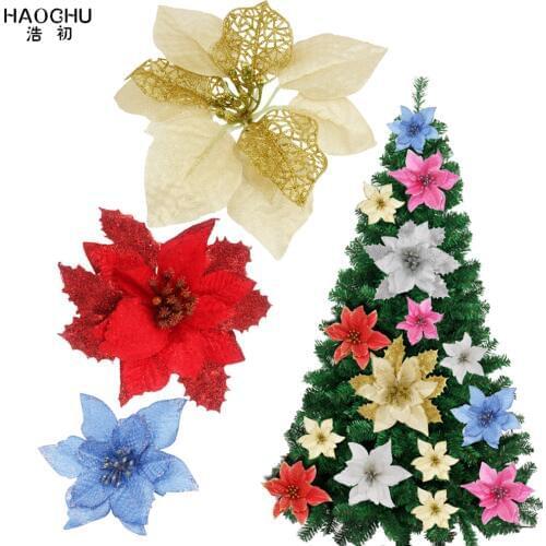 10pcs/lot Artificial Flowers Christmas Decorations Glitter Hollow Flower For Christmas Tree DIY Xmas New Year Decor Red Gold