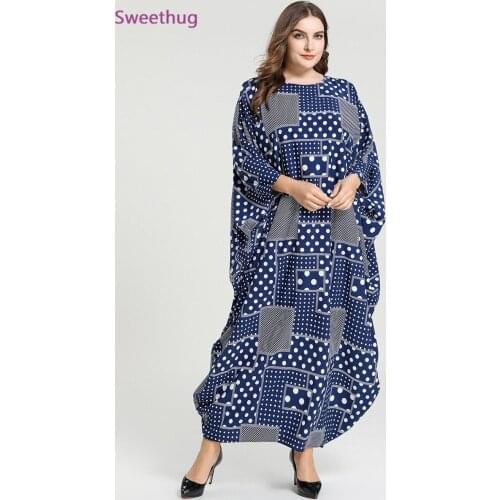 2021 polka dot printed batwing sleeve dress long sleeve abaya plus size kaftan ramadan robe african dashiki moroccan gown