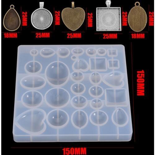 31 Piece Silicone Resin Molds Crystal Pendant Tray DIY Jewelry Pendant Kit Square/Round/Oval /Heart/Teardrop Cameo Base Tray