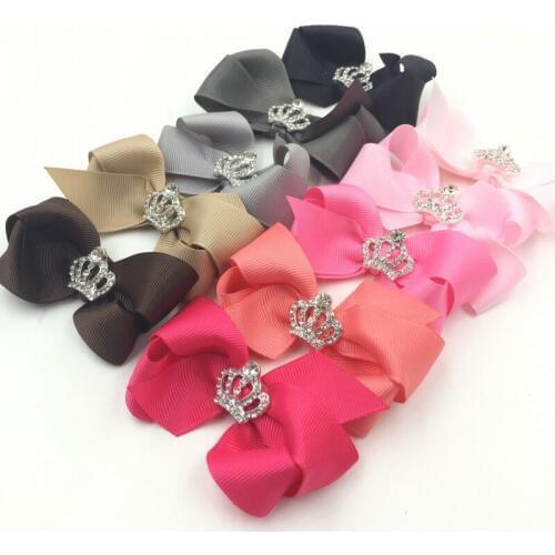 50pcs/lot 3" Fashion Handmade Craft Hair Bow Fors Girls Headband Grosgrain Hair Clips with Crown Rhinestone For Hair Accessories