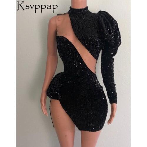 Black Short Prom Dresses 2021 African Style Designed Single Long Sleeve Asymmetrical See Through Sparkly Sequin Party Prom Gown