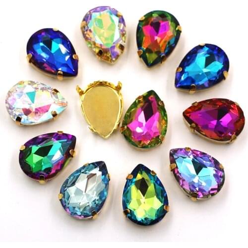 HFOUR Teardrop Shape Glass Crystal Ab Rhinestones Gold Claw Setting Sew On Patches/Applique For Clothing/Dress