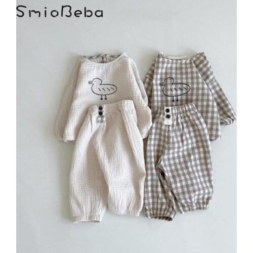 Korean Baby Ins Unisex Boys And Girs 2PCS Sets Cute Cartoon Duckling Suit Newborn Linen Soft Japan Clothes Cotton Hemp Top Pants