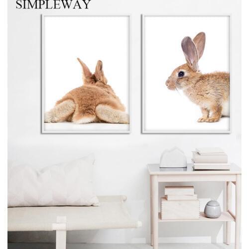 Woodland Animal Bunny Tail Picture Cute Brown Rabbit Poster Nursery Print Wall Art Canvas Painting Nordic Kid Bedroom Decoration