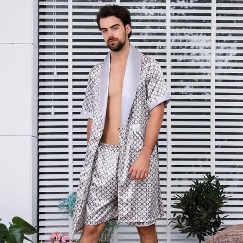 Summer New Print 2PCS Robe Suit Mens M-5XL Robe Gown Big Size Kimono Bathrobe Casual Faux Silk Sleepwear Loose V-Neck Nightwear